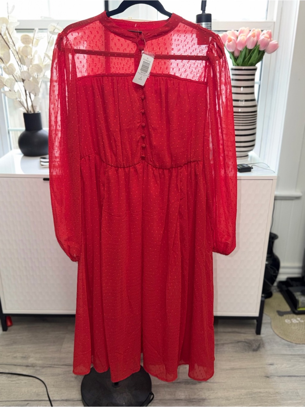 Red Sheer Long-Sleeve Midi Dress with Button-Front